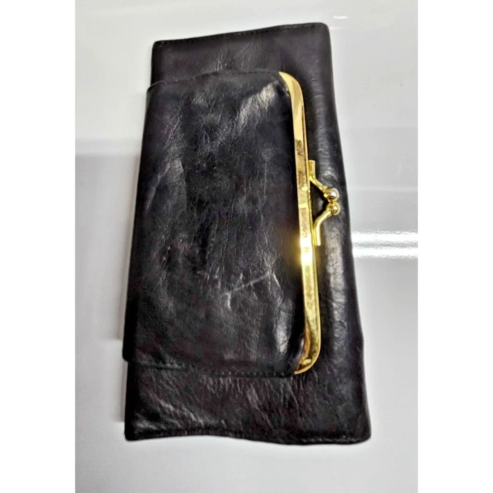 Vintage BUXTON black leather kiss lock purse‎ woman long wallet  7.25x4x0.5